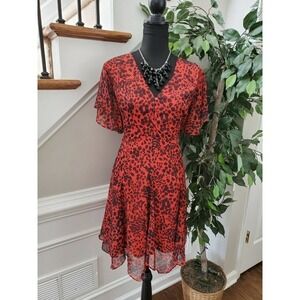 Boho Thread Women Red & Black Polyester V-Neck Short Sleeve Knee Length Dress M